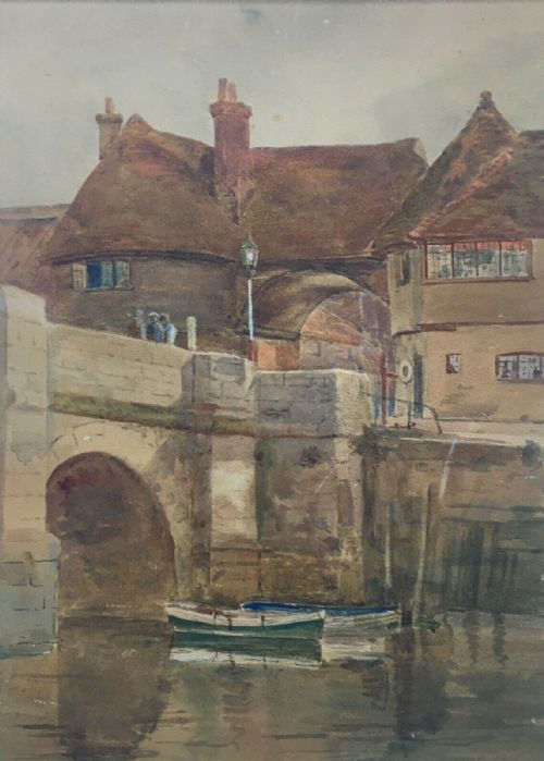 Signed M S Day Original Antique Watercolour Painting Sandwich Kent Barbican Bridge River Landscape