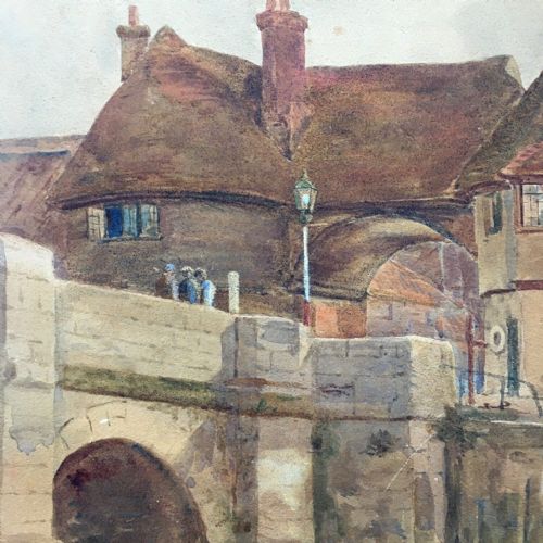 fig 1. Signed M S Day Original Antique Watercolour Painting Sandwich Kent Barbican Bridge River Landscape