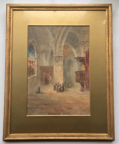 fig 1. David Roberts 1861 Original Antique Signed Watercolour Painting Reims Cathedral
