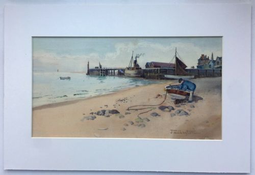 fig 1. J W Clayton Signed Original Antique Watercolour Painting Fishing Aberdovey Wales