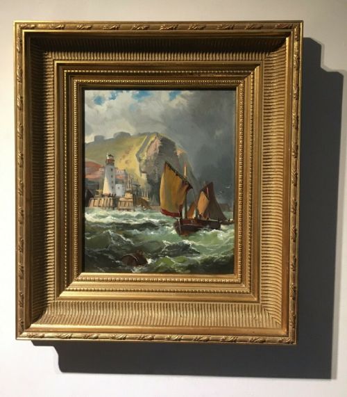 Circle of Robert Ernest Roe Shipping Off Scarborough, Yorkshire Seascape Original Oil Painting on Canvas 1