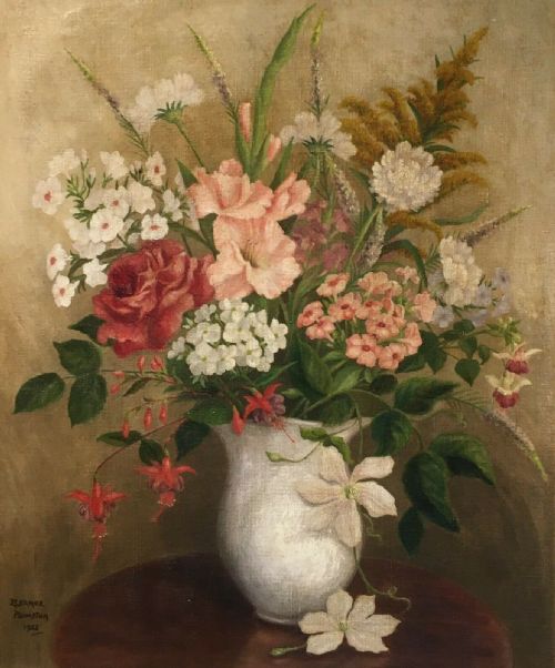 Signed Eleanor Plumpton 1955 Original Vintage English Still Life Oil Painting Flowers & Vase