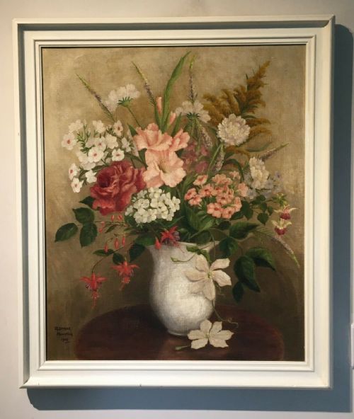 fig 1. Signed Eleanor Plumpton 1955 Original Vintage English Still Life Oil Painting Flowers & Vase