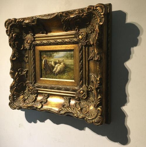 fig 1. Original English School Antique Oil Painting Shepherds Daughter & Sheep Landscape in Substantial Decorative frame