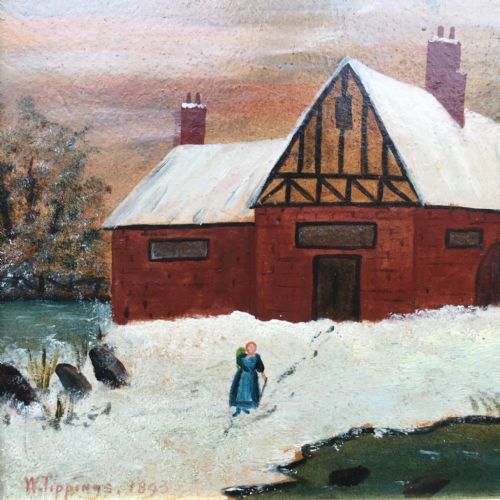 fig 1. Pair of Signed 1893 Original Antique Naïve Oil Paintings on Board Dutch School Mill Landscapes with Figures