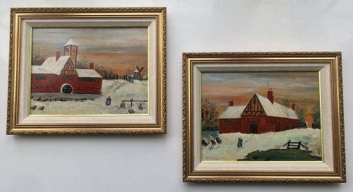 Pair of Signed 1893 Original Antique Naïve Oil Paintings on Board Dutch School Mill Landscapes with Figures