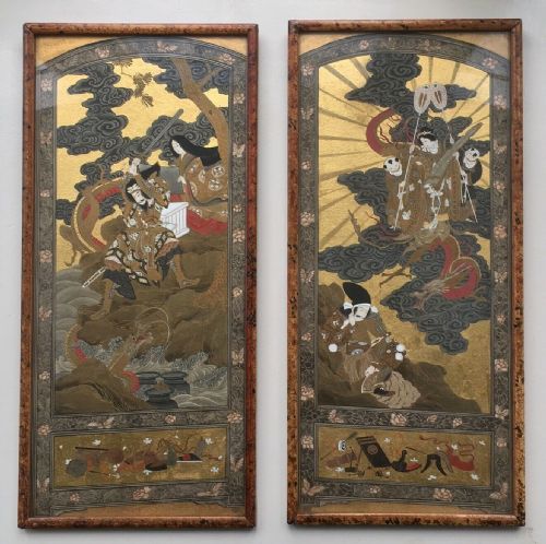 2 Original Antique Japanese School Samurai Figures with Dragon Gold Embellished Ink Paintings