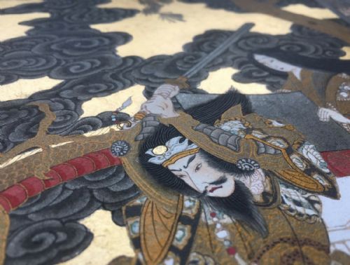 fig 1. 2 Original Antique Japanese School Samurai Figures with Dragon Gold Embellished Ink Paintings