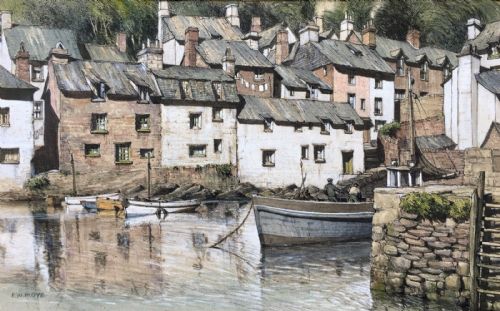 E W Moye Signed Original Mid 20th Century Ink & Watercolour Painting Polperro Harbour Cornwall