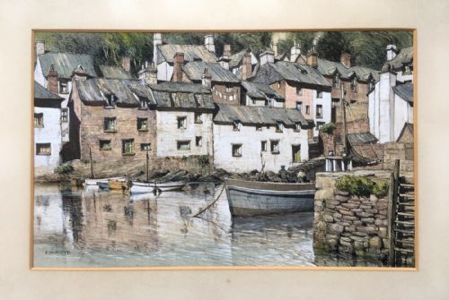 fig 1. E W MOYE Signed Original Mid 20th Century Ink & Watercolour Painting POLPERRO HARBOUR Cornwall