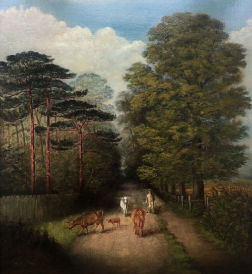 English Provincial School Original Antique Oil Painting Man Cattle Country Lane