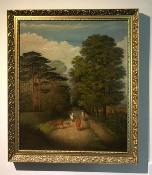 fig 1. English Provincial School Original Antique Oil Painting Man Cattle Country Lane