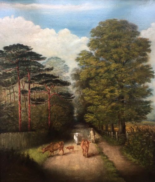 fig 2. English Provincial School Original Antique Oil Painting Man Cattle Country Lane