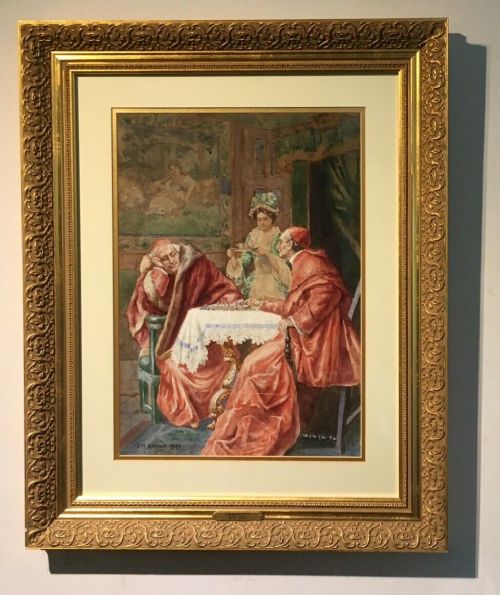 Frank Moss Bennett Signed 1948 Original English Watercolour Painting Two Cardinals Playing Chess