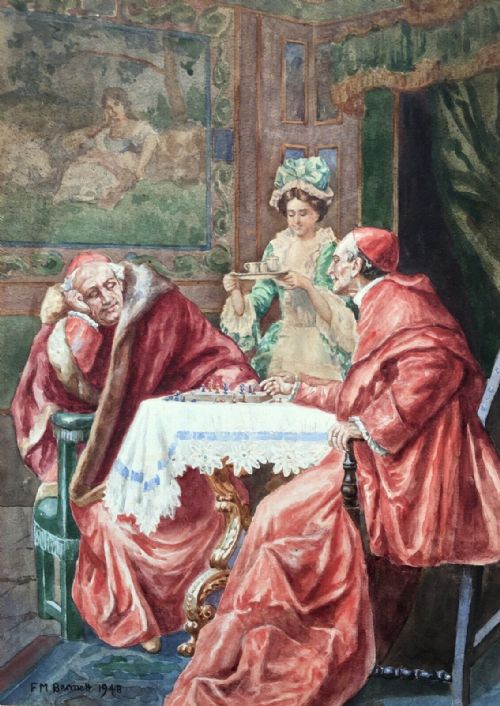 fig 1. FRANK MOSS BENNETT Signed 1948 Original English Watercolour Painting Two Cardinals Playing Chess