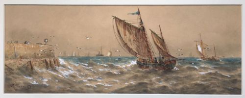 R Thomas Signed Original Antique Watercolour Painting Fishing Boats Near Clovelly Devon English Seascape