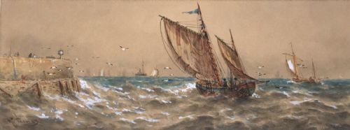 fig 1. R Thomas Signed Original Antique Watercolour Painting Fishing Boats near Clovelly Devon English Seascape