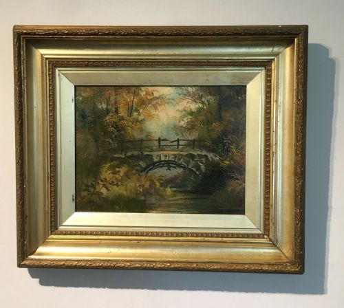 Signed J Miller Original 19th Century Antique Oil Painting on Board River & Bridge Landscape