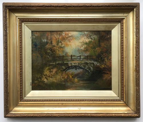 fig 1. Signed J MILLER Original 19th Century Antique Oil Painting on Board River & Bridge Landscape