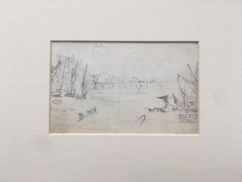 Thames at Chelsea with Battersea Bridge Original 19th Century Antique Pencil Drawing Study