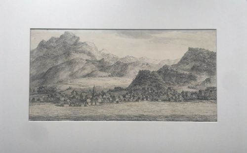 Swiss Lakeside Italian School Original Early 19th Century Antique Ink Wash Drawing Landscape Study