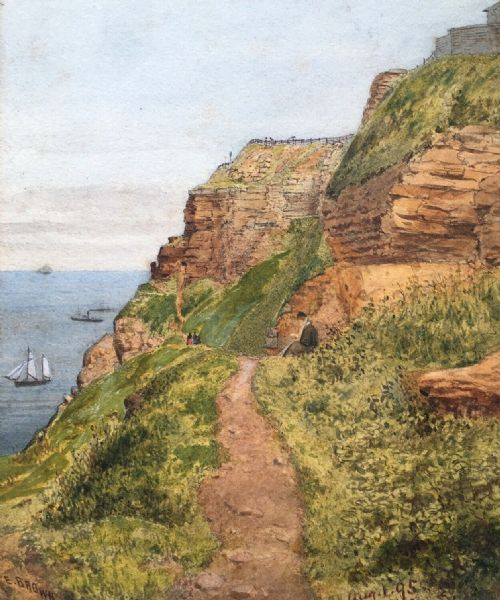 E Brown Signed 1895 Original 19th Century English Antique Watercolour Painting Whitby East Cliff Yorkshire Seascape