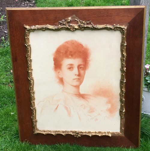 Charles Edward Marshall 1896 Original 19th Century Antique Sanguine Pastel Drawing Portrait of a Young Lady