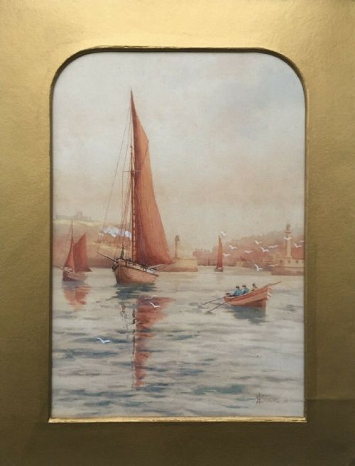 Emily Prowde Signed 1910 Original English Antique Watercolour Painting Whitby Harbour Yorkshire Seascape