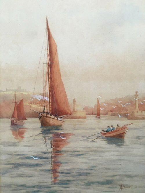 fig 1. Emily Prowde Signed 1910 Original English Antique Watercolour Painting Whitby Harbour Yorkshire Seascape
