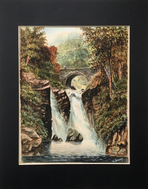 S Hessey Signed Original Antique Watercolour Painting Waterfall & Bridge Scene