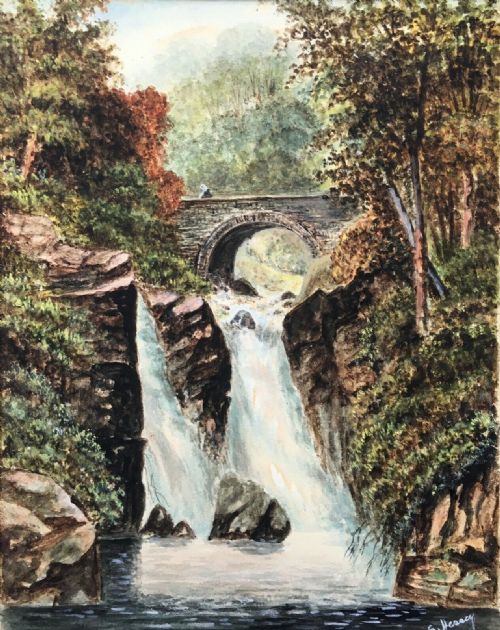 fig 1. S HESSEY Signed Original Antique Watercolour Painting Waterfall & bridge scene