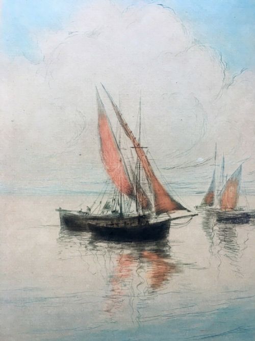 Signed Original Coloured Etching Engraving Fishing Boats Titled Golfe De St Tropez France