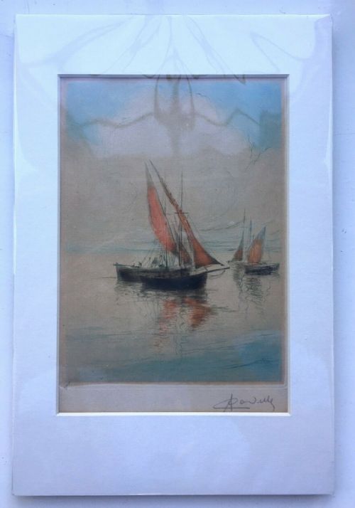 fig 1. Signed Original Coloured Etching Engraving Fishing Boats Titled Golfe de St Tropez France