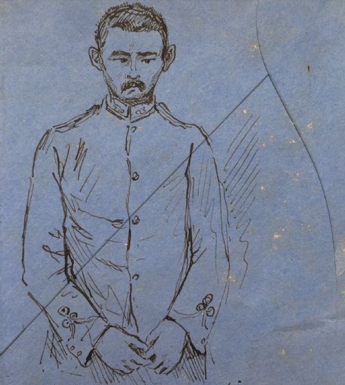 fig 2. Three Victorian British Army Figures Ink Drawings with an Original Army Court Document