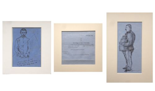 fig 1. Three Victorian British Army Figures Ink Drawings with an Original Army Court Document