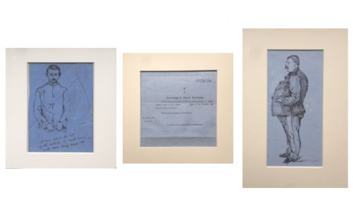 Three Victorian British Army Figures Ink Drawings with an Original Army Court Document