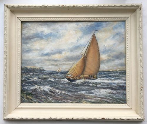 Sam Barnes Robson Signed Original Mid 20th Century Vintage English Oil Painting on Board, Racing in the North Sea Sailing Boat Seascape