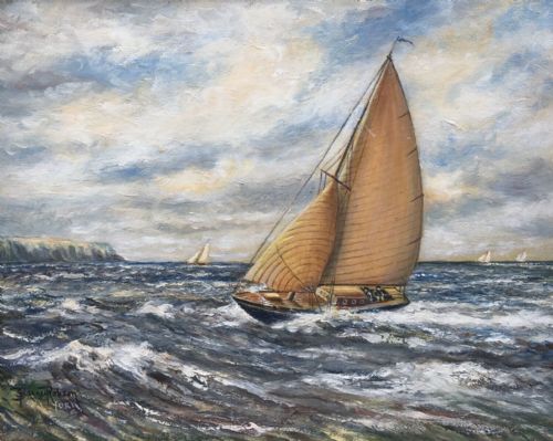 fig 1. Sam Barnes Robson Signed Original Mid 20th Century Vintage English Oil Painting on Board, Racing in the North Sea Sailing Boat Seascape