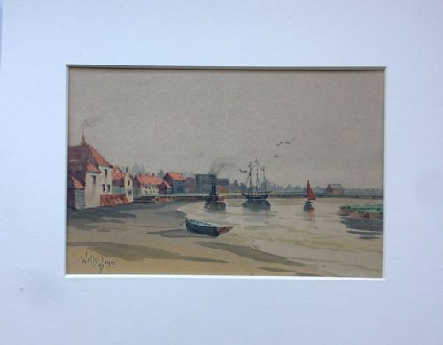 fig 1. Wells (next-the-Sea) Norfolk 1913 Monogrammed Original Antique English Watercolour Seascape Painting