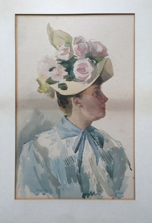Signed Jb 1889 Original Antique Watercolour Painting Half Length Portrait of a Lady in a Hat
