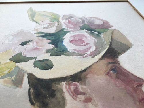 fig 1. Signed JB 1889 Original Antique Watercolour Painting Half Length Portrait of a Lady in a Hat
