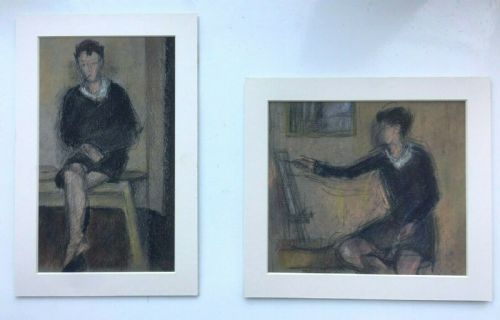 Maurice Feild Slade School Two Original Vintage Pastel Portraits Drawings of a Young Girl