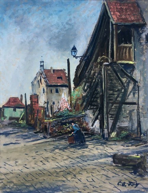 Carl Otto Fey Signed Original German Pastel Painting Village Landscape Scene