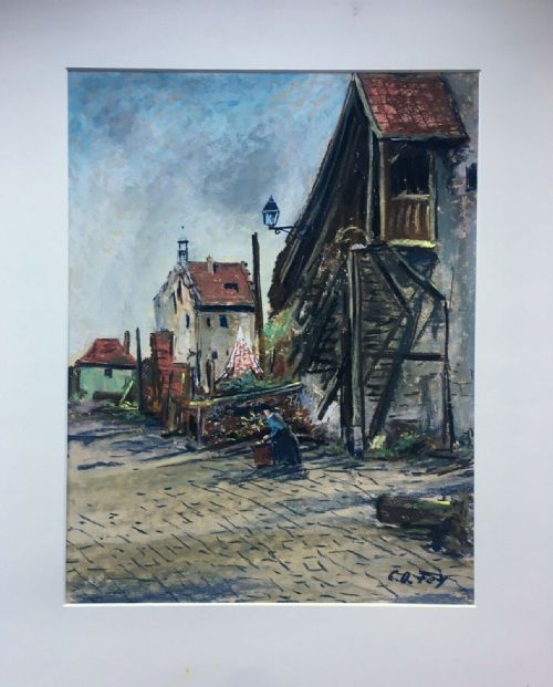 fig 1. CARL OTTO FEY Signed Original German Pastel Painting Village landscape Scene