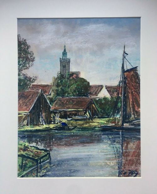 Carl Otto Fey Signed Original German Pastel Painting River Town Boats & Figure