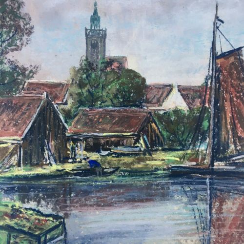 fig 1. CARL OTTO FEY Signed Original German Pastel Painting River Town Boats & Figure