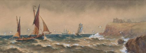 R Thomas Original 19th Century Antique English Watercolour Painting Fishing Boats Dunnottar Castle Stonehaven
