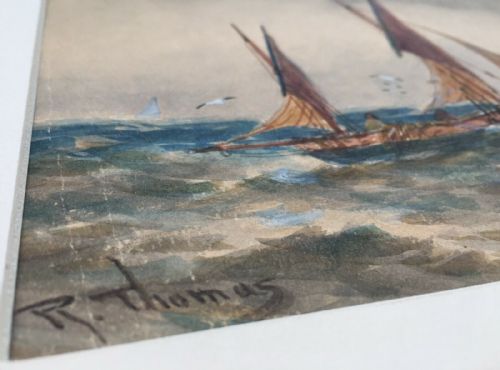 fig 1. R Thomas Original 19th Century Antique English Watercolour Painting Fishing Boats Dunnottar Castle Stonehaven