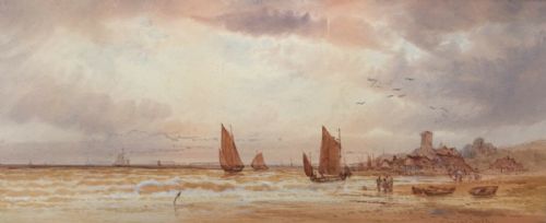 Thomas Mortimer Signed Original Antique Watercolour Painting Fishing Boats Off Coast 2 English Seascape