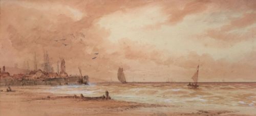 Thomas Mortimer Signed Original Antique Watercolour Painting Fishing Boats Off Coast 1 English Seascape